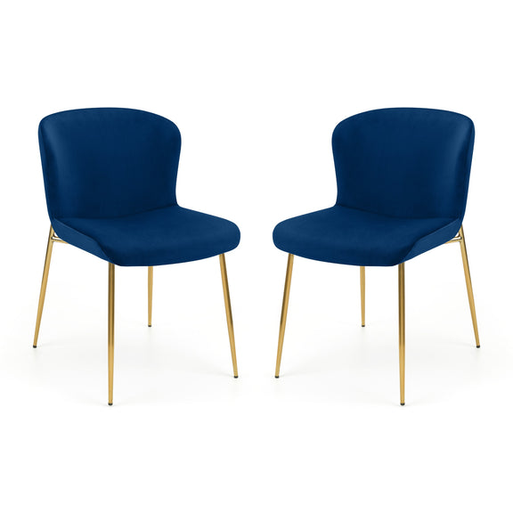 Two blue chairs with gold legs on a white background
