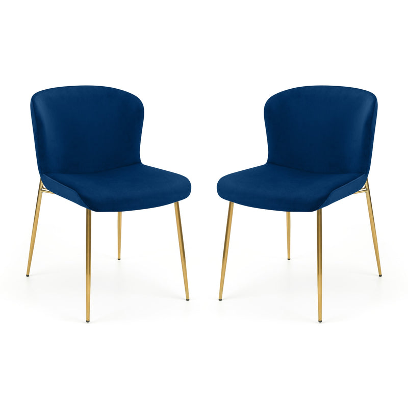 Two blue chairs with gold legs on a white background