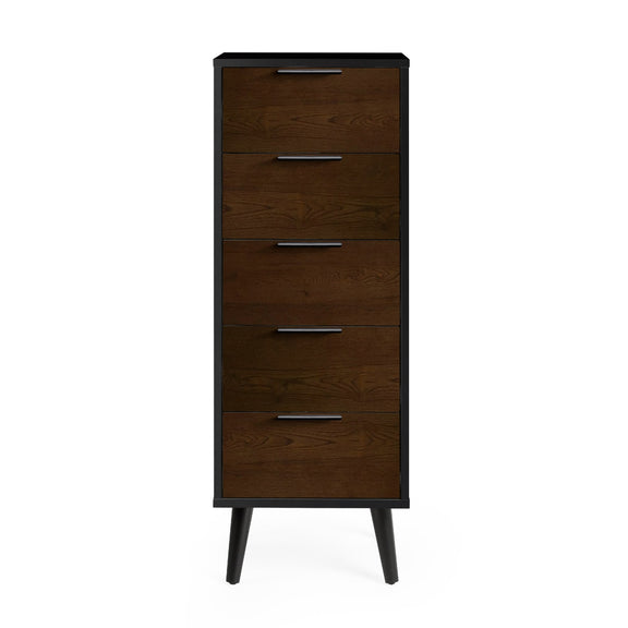 Dark wood tall dresser with four drawers on a white background