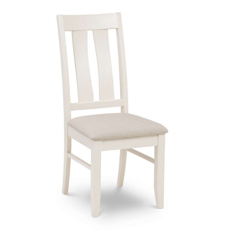 White wooden chair with a beige cushion on a white background