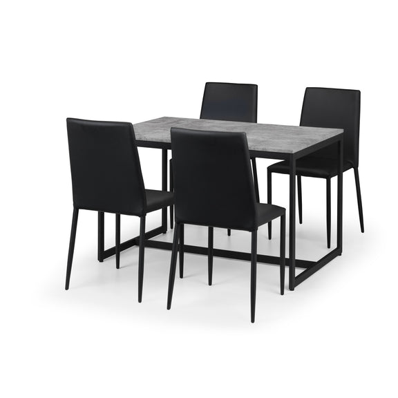 Dining table set with four black chairs on a white background