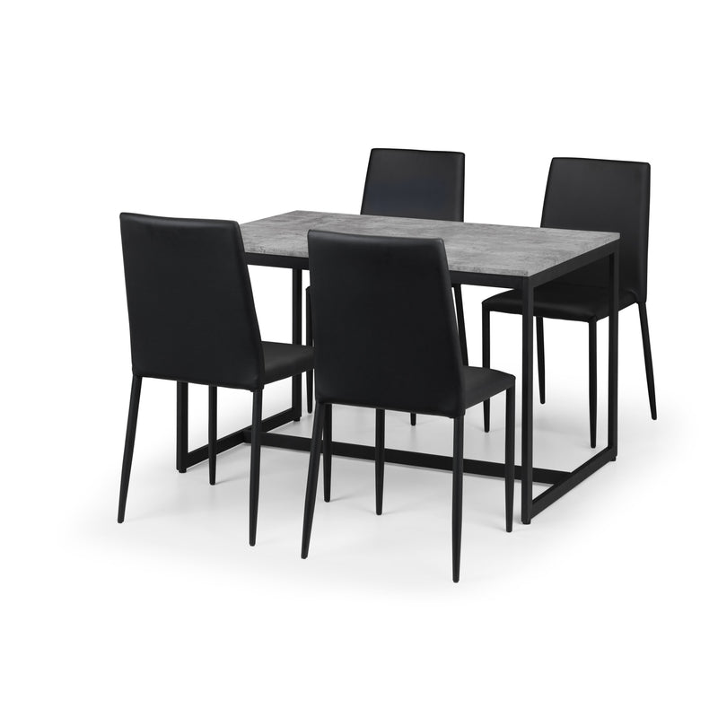 Dining table set with four black chairs on a white background