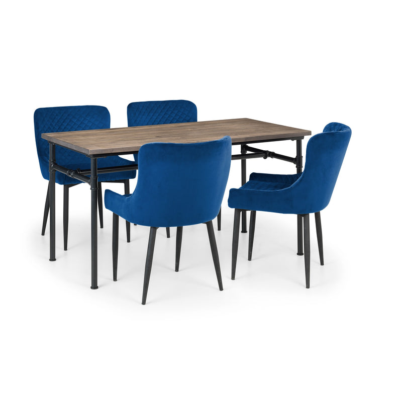 Dining set with a wooden table and blue chairs on a white background