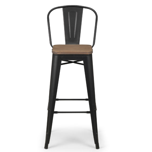 Black metal bar stool with wooden seat on a white background