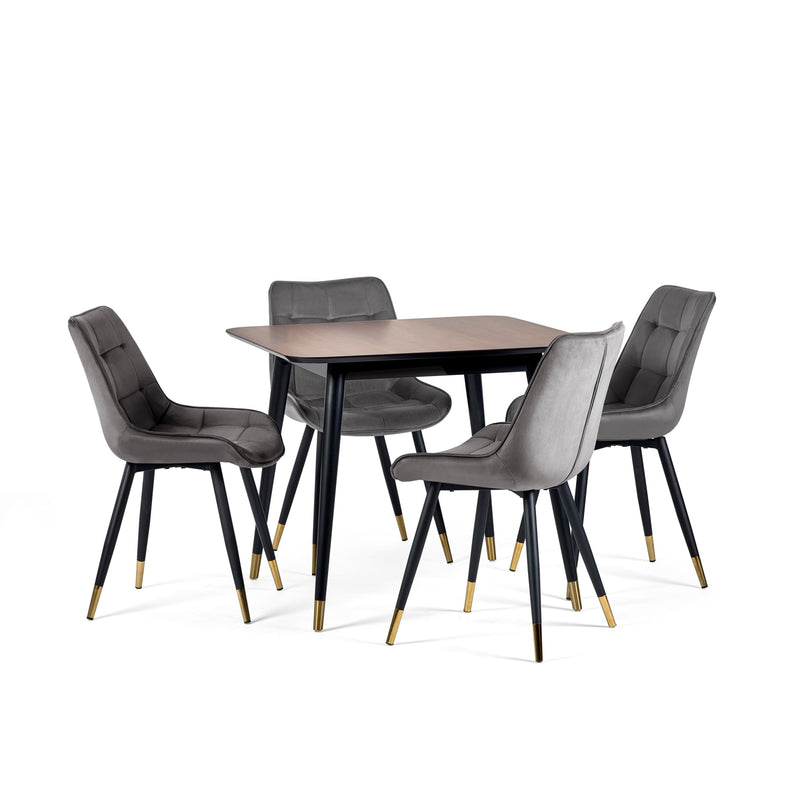 Dining table set with four gray chairs on a white background