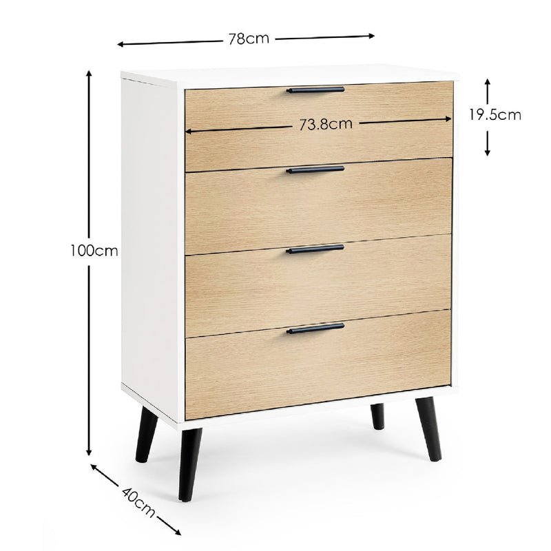 Wooden dresser with dimensions labeled on a white background