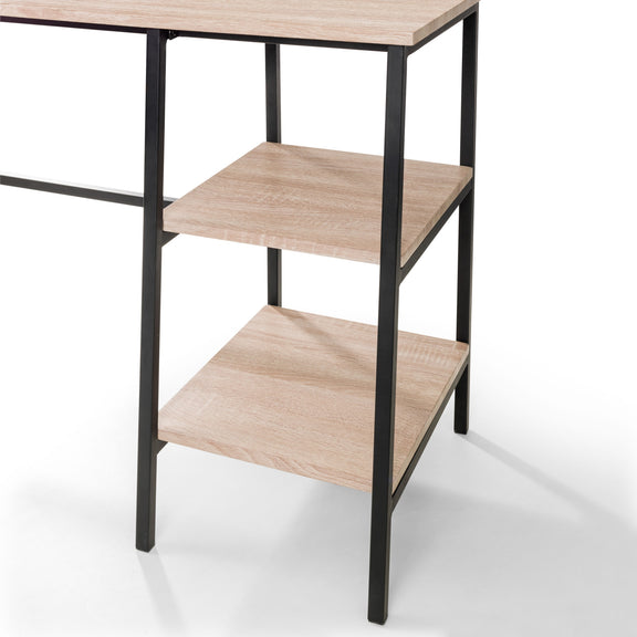 Two-tier wooden shelf with black metal frame on a white background