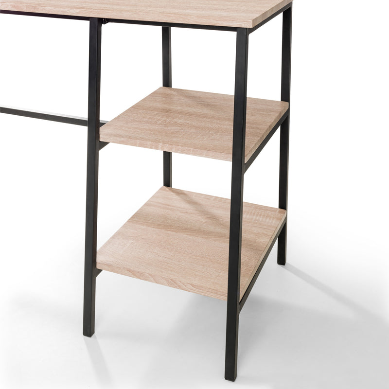 Two-tier wooden shelf with black metal frame on a white background