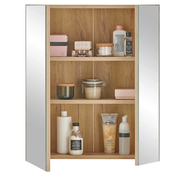 Wooden cabinet with various items on a white background