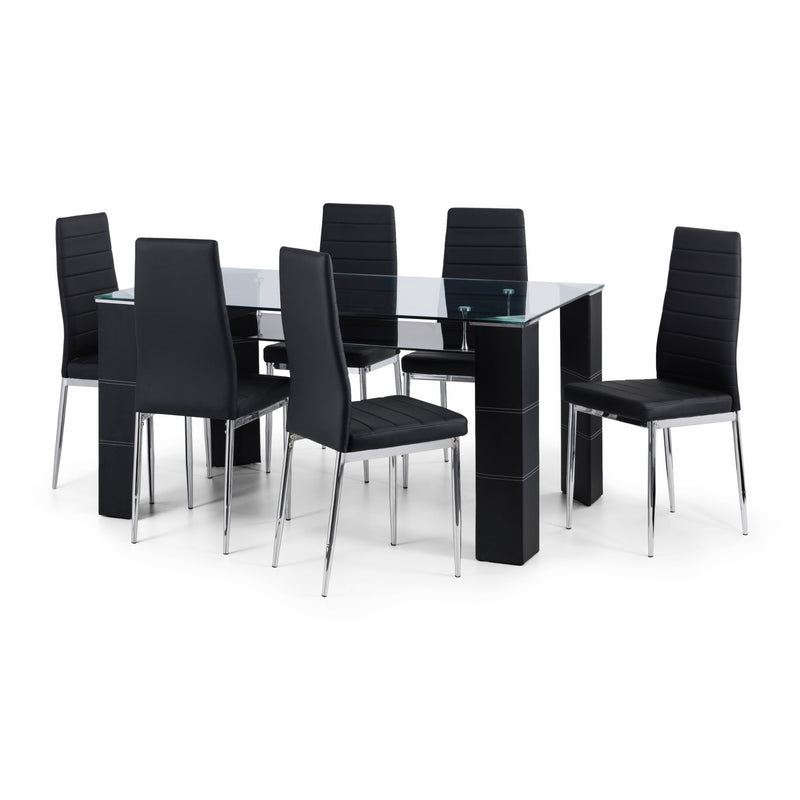 Black dining table with six matching chairs on a white background