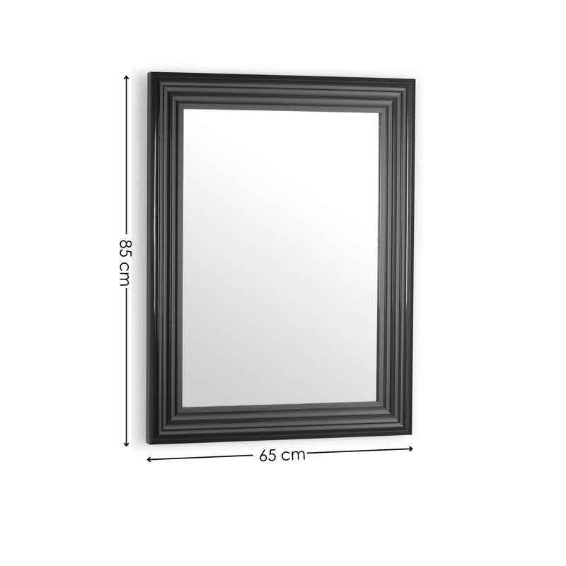 Rectangular mirror with black frame and dimensions on a white background