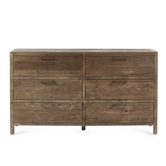 Wooden dresser with a rustic finish on a white background