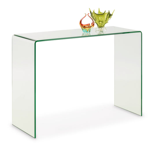 Clear glass side table with decorative items on a white background