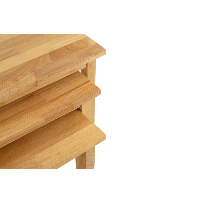 Wooden shelf unit with three tiers on a white background