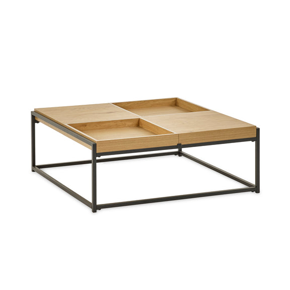 Square coffee table with wooden top and metal frame on a white background