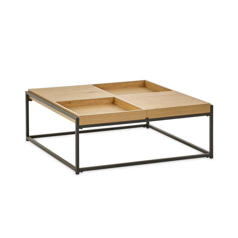 Square coffee table with wooden top and metal frame on a white background