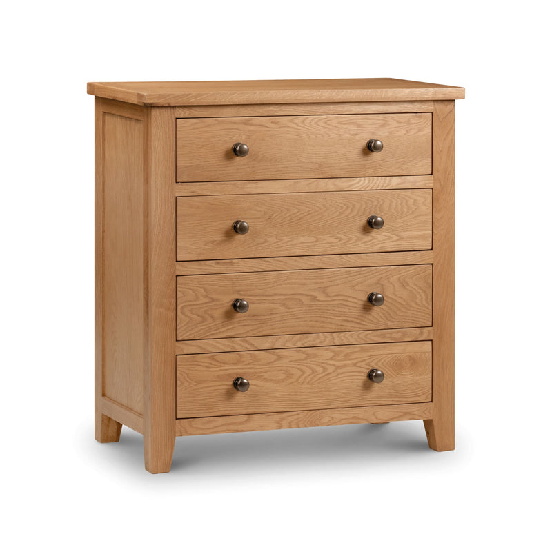Wooden dresser with four drawers on a white background