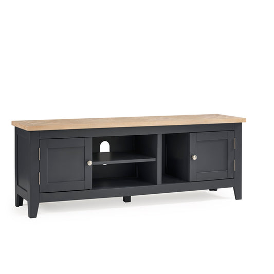 Black TV stand with a wooden top on a white background