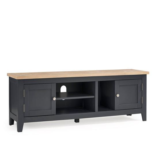 Black TV stand with a wooden top on a white background