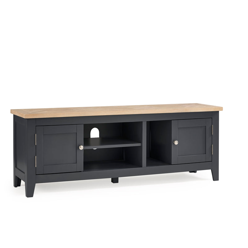 Black TV stand with a wooden top on a white background