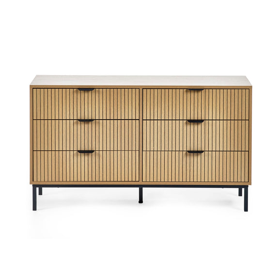 Wooden dresser with slatted design on a white background