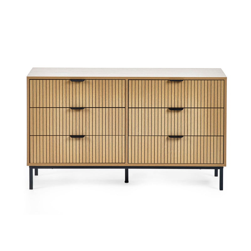 Wooden dresser with slatted design on a white background