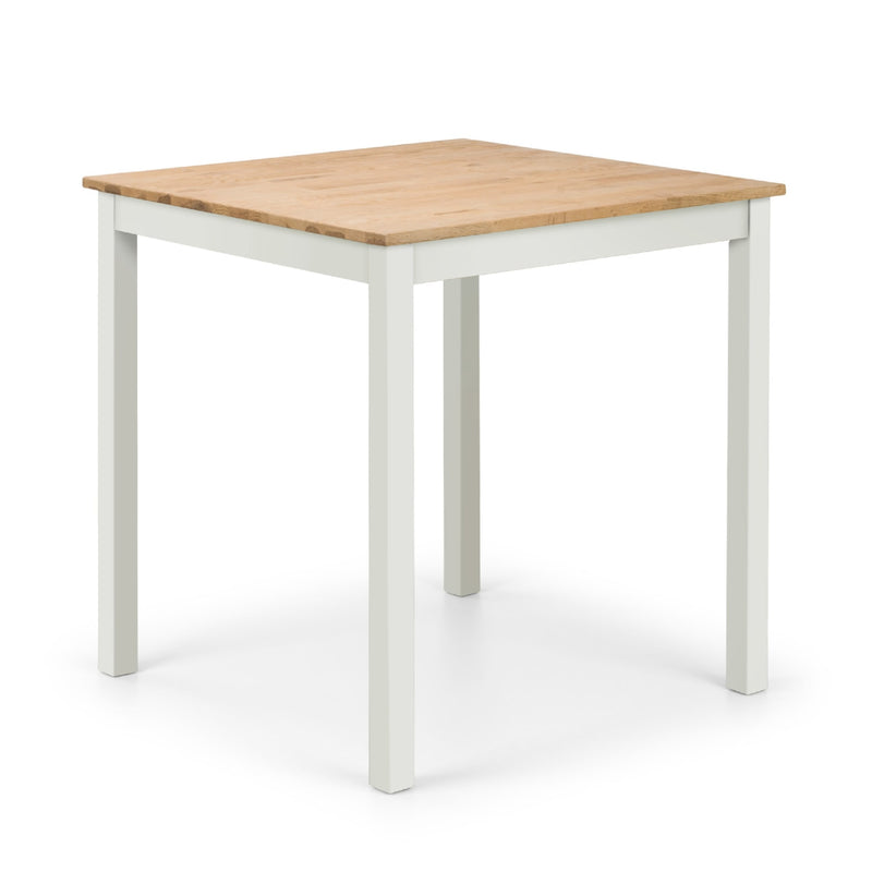 Square table with wooden top and white legs on a white background