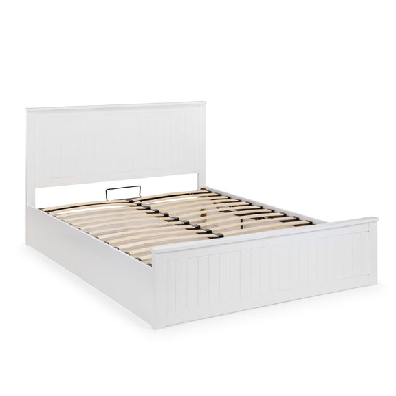 White bed frame with wooden slats on a white background