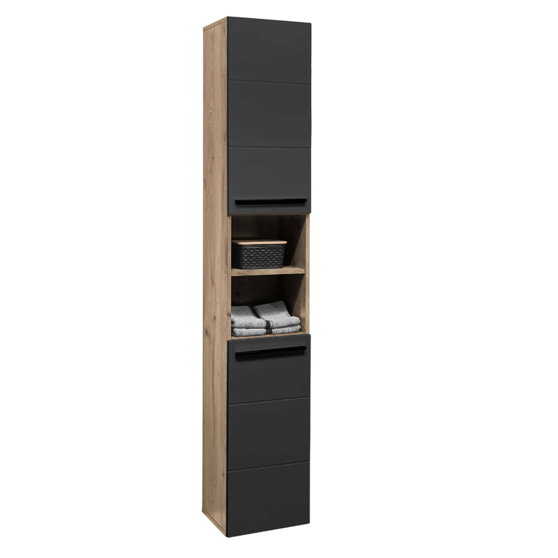 Tall black and wood bathroom cabinet with shelves and drawers on a white background