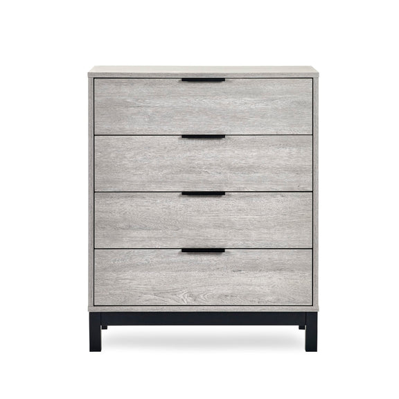 Gray wooden dresser with four drawers on a white background