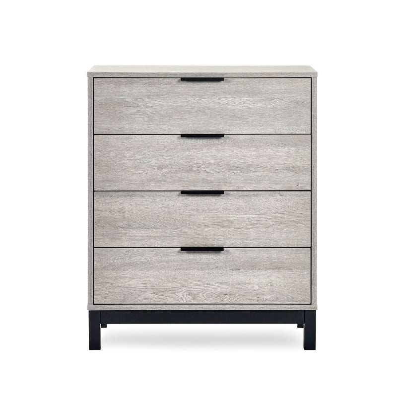 Gray wooden dresser with four drawers on a white background