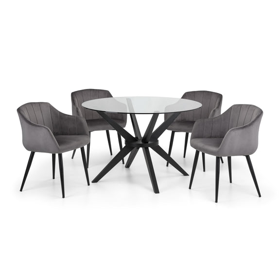 Dining table set with four gray chairs on a white background