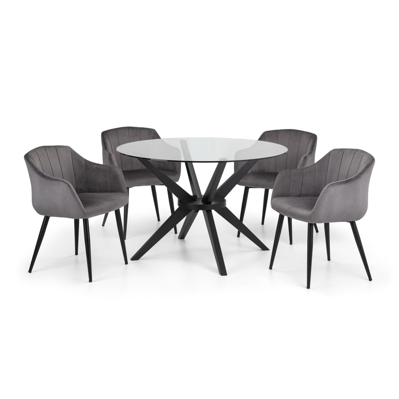 Dining table set with four gray chairs on a white background