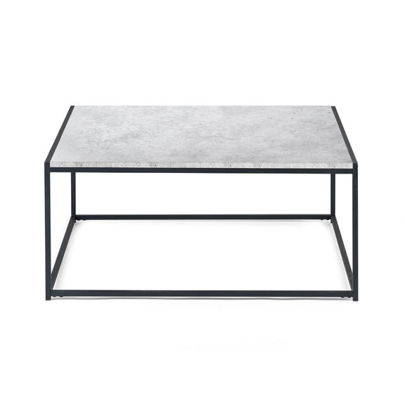 Square coffee table with marble top and black metal frame on a white background