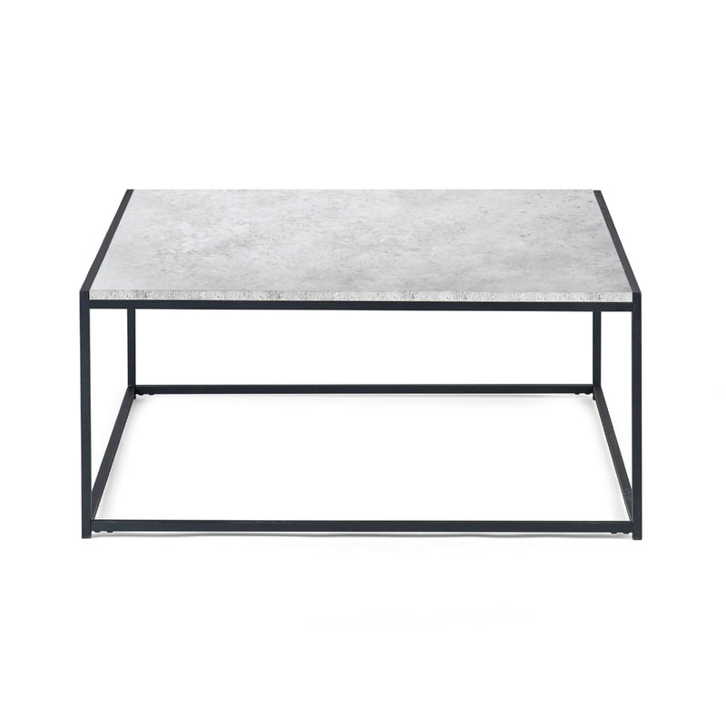 Square coffee table with marble top and black metal frame on a white background