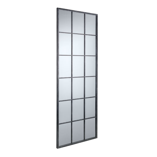 Tall vertical metal frame with glass panels on a white background