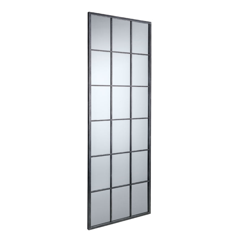 Tall vertical metal frame with glass panels on a white background