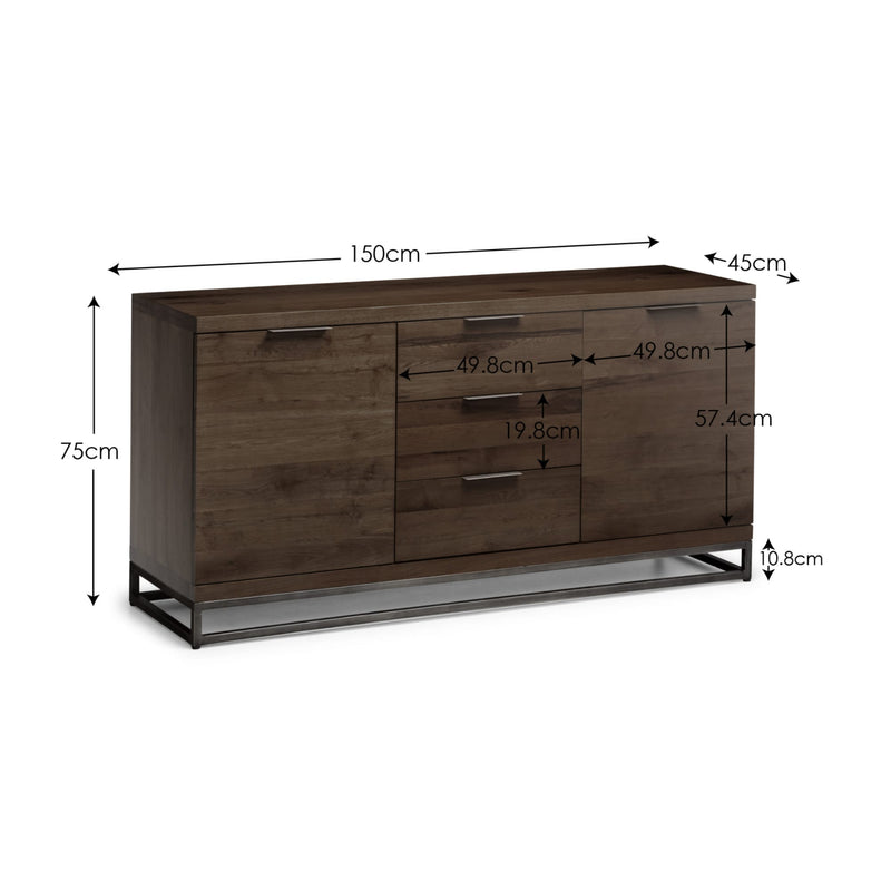 Wooden sideboard with dimensions labeled on a white background