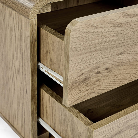 Wooden drawer unit with open drawers on a white background