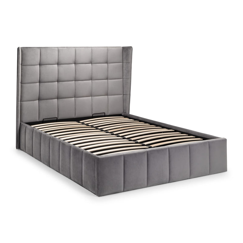Black bed frame with wooden slats on a white background