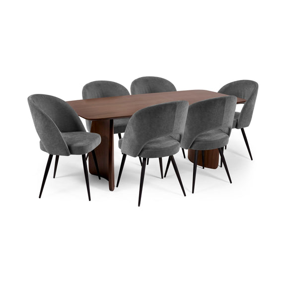 Dining table with six gray chairs on a white background