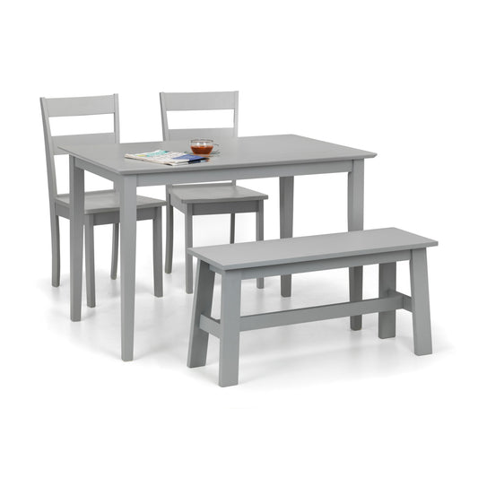 Gray dining table set with two chairs and a bench on a white background
