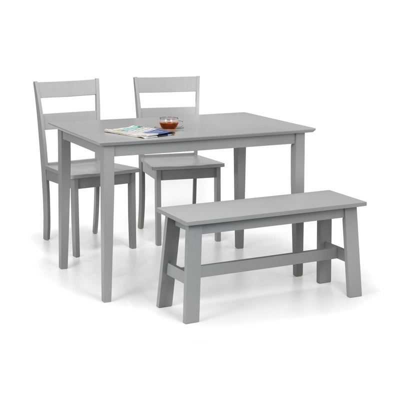 Gray dining table set with two chairs and a bench on a white background