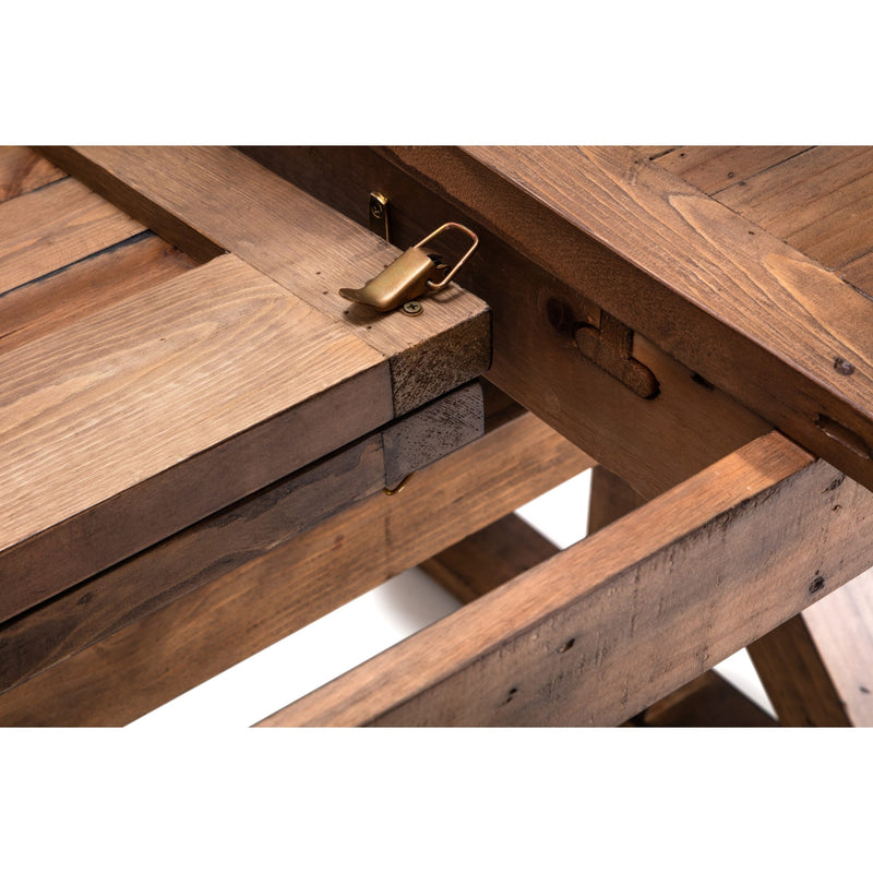 Close-up of a wooden table with a metal latch on a white background
