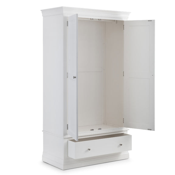 White wardrobe with open doors on a white background