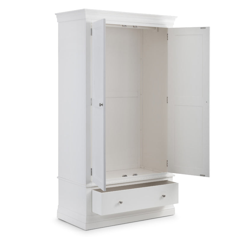 White wardrobe with open doors on a white background