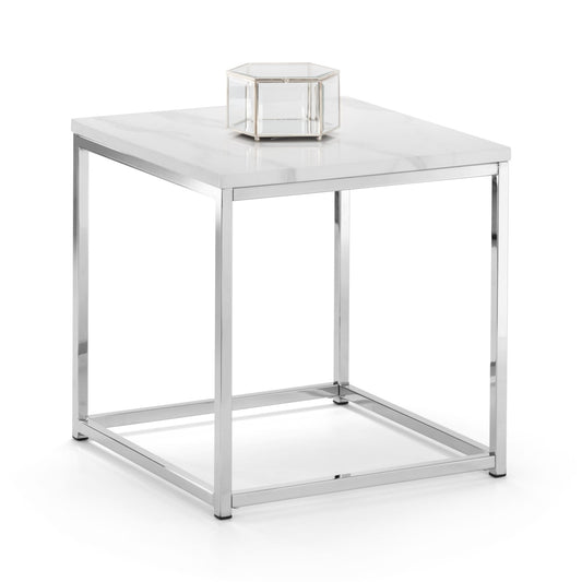 Square side table with a glass top on a white background