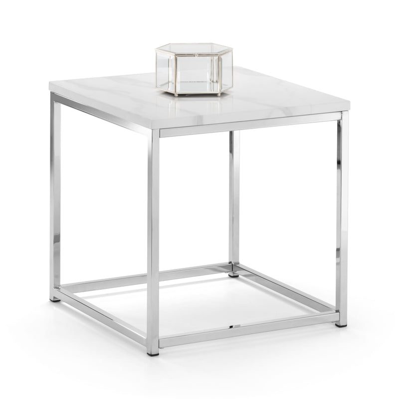 Square side table with a glass top on a white background