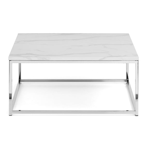 White marble coffee table with chrome frame on a white background