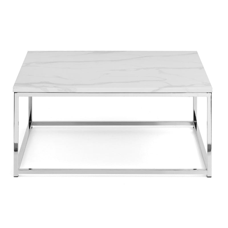 White marble coffee table with chrome frame on a white background